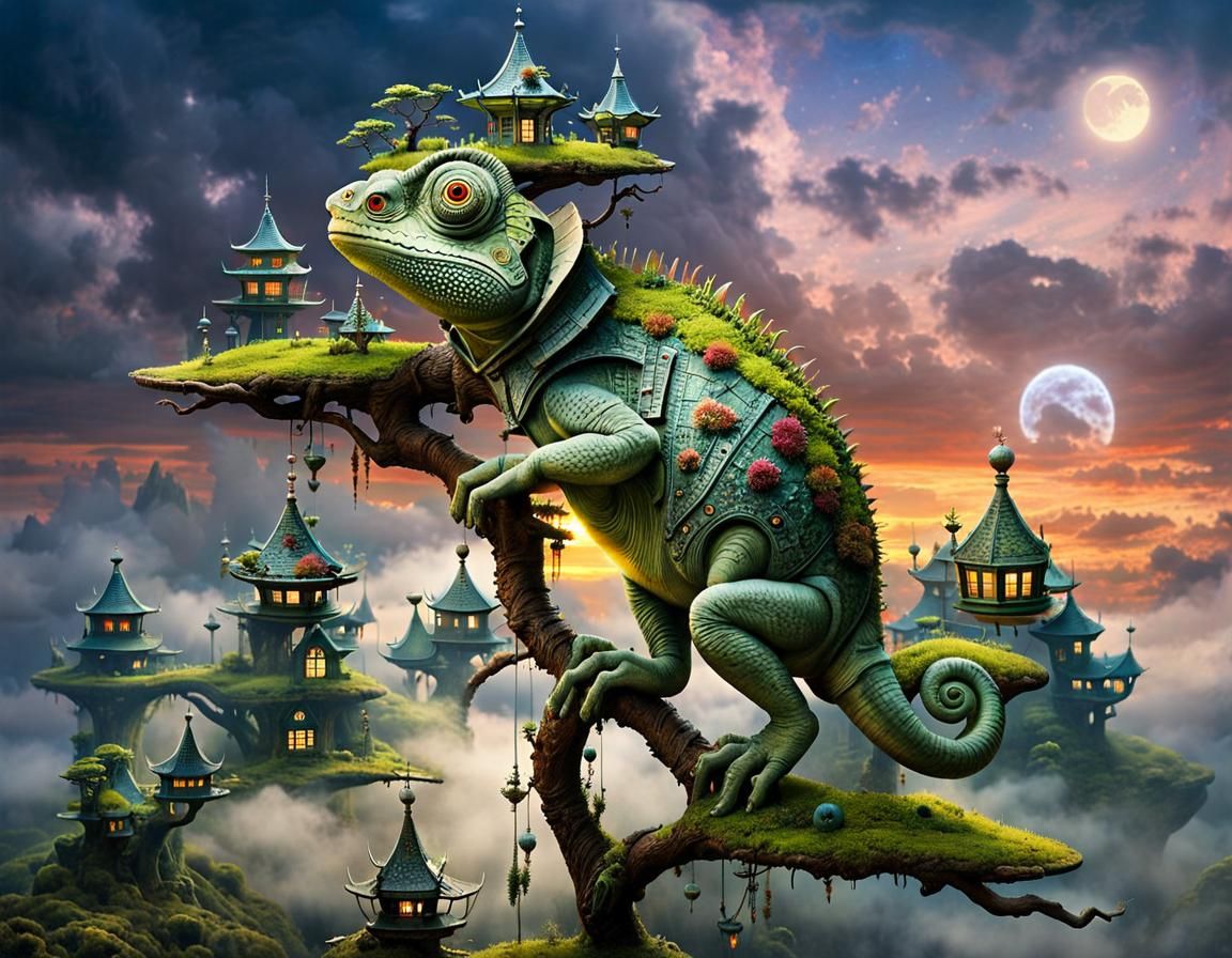 Mossy Chameleon Stargate with Bonsai and Cottages