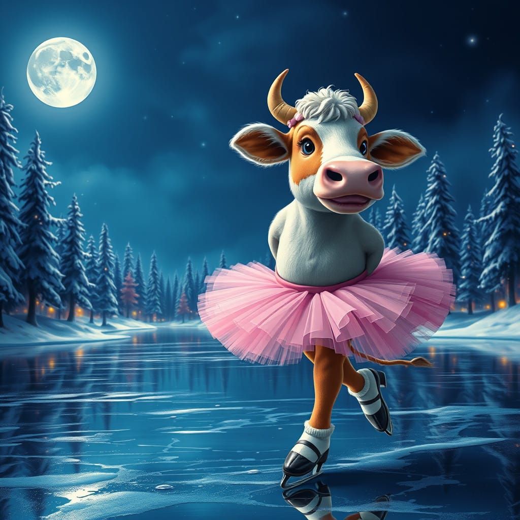 Frozen Night Forest Wonderland with a Skating Cow in Ballet....