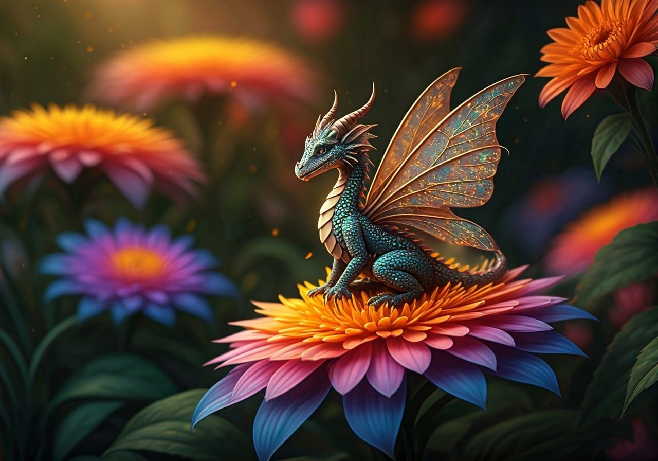 Dragon Fairy in Vibrant Garden, Hyperrealistic Digital Art
