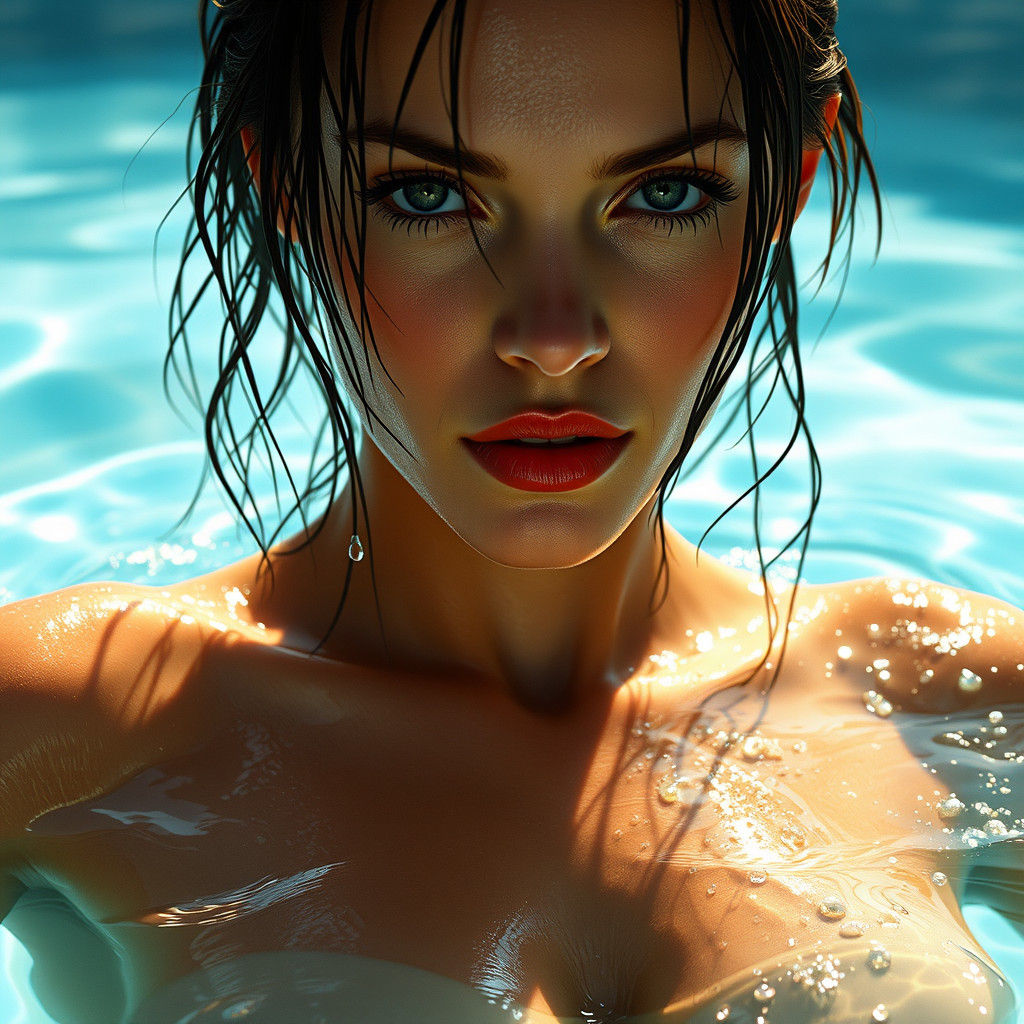 Woman Emerges from Water: Photorealistic Glistening Beauty