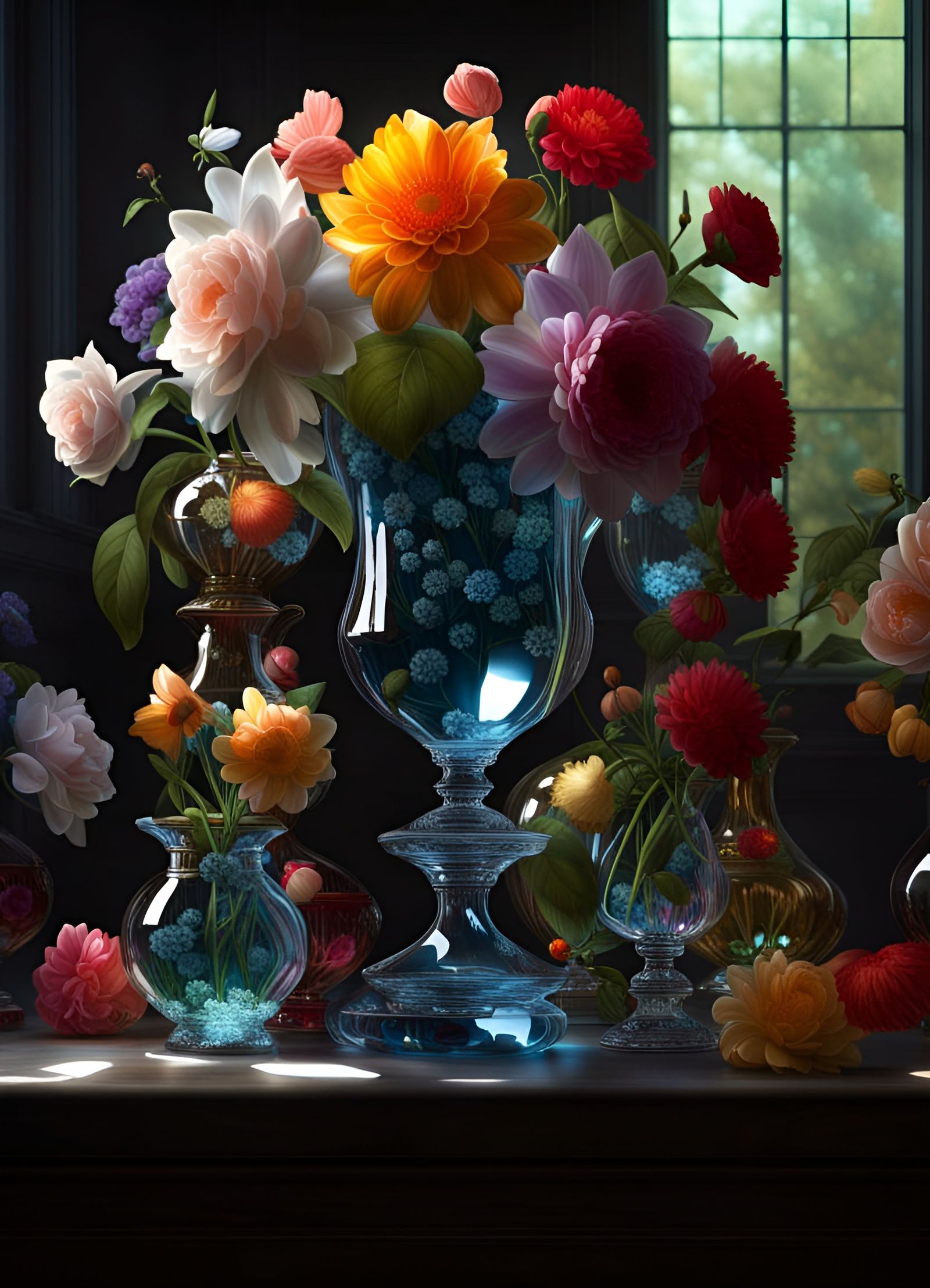 Gorgeous Glass Vases with Flowers in Hyperrealistic Style