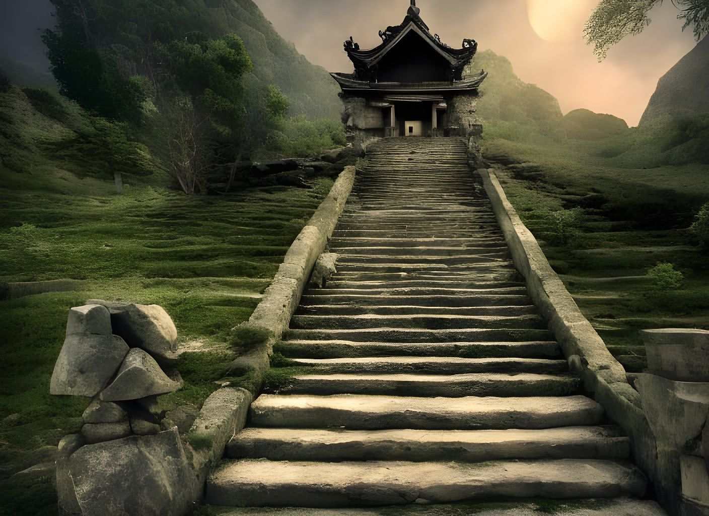 Mysterious Stone Stairs to Mountain Temple