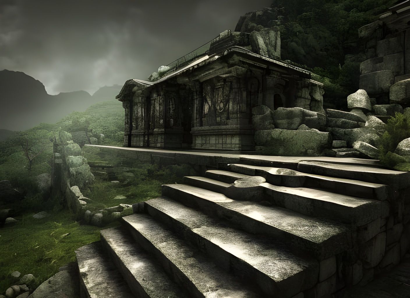 Mysterious Stone Steps to Mountain Temple at Night