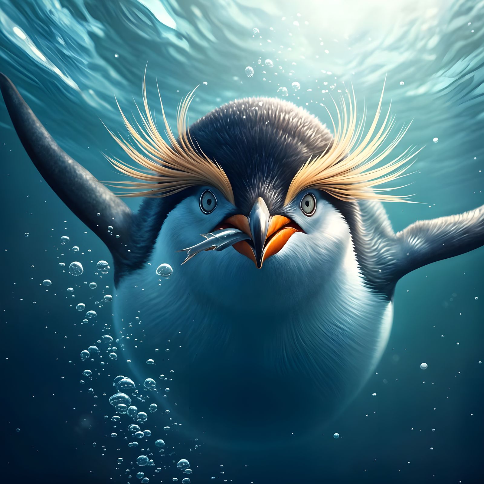 Penguin's Icy Dive: Hyperrealistic Fantasy Art