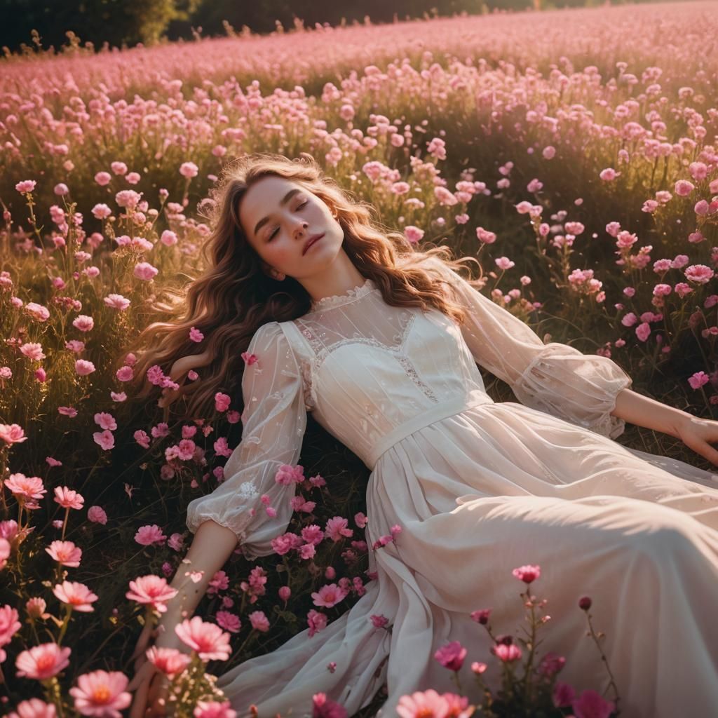 Girl in Pink Flower Field: Dreamy Cinematic Still