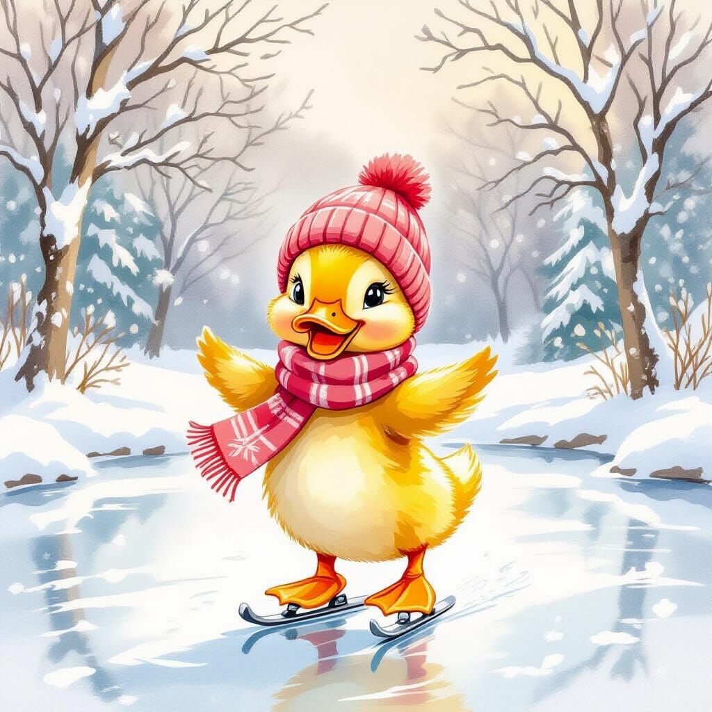 Happy Duckling Ice Skating on Pond