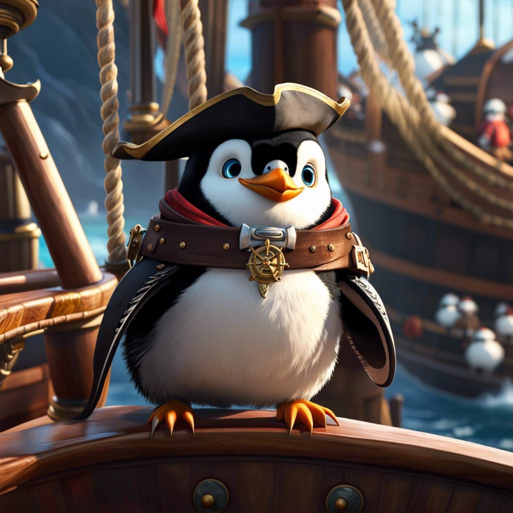 Happy Pirate Penguin on Ship: Digital Art