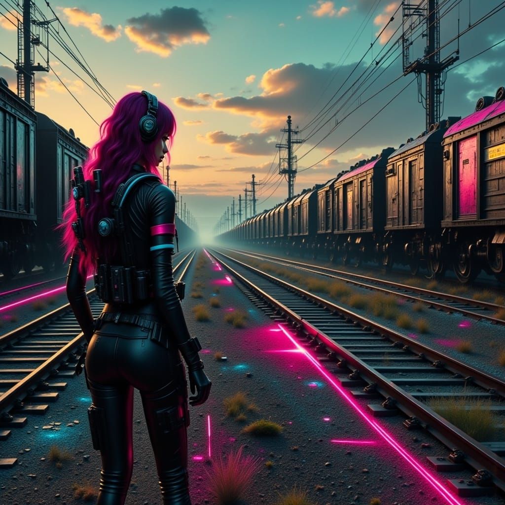 Cyberpunk Girl on Train Tracks Near Derelict Yard