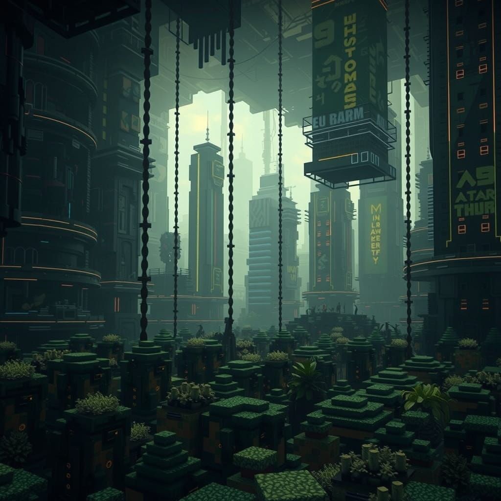 Minecraft Retro-Futuristic Metropolis in Vibrant Block-Jungl...