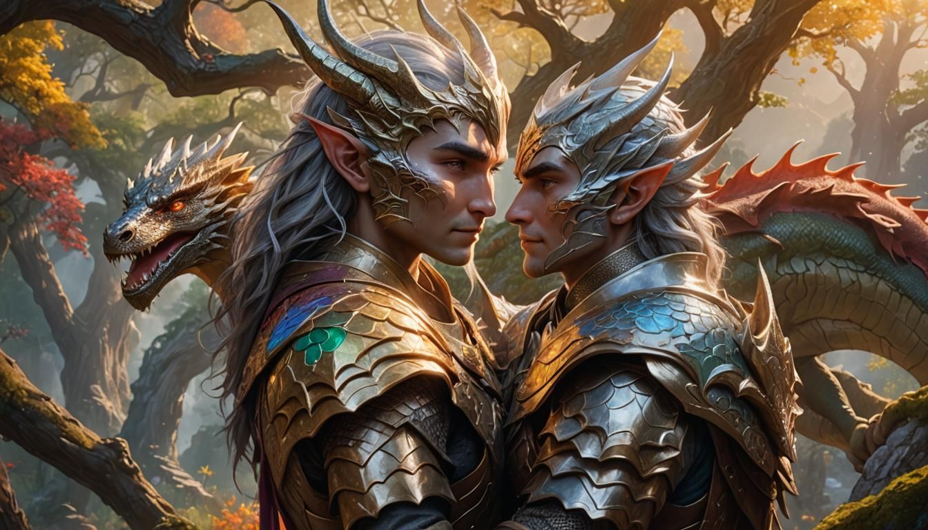 Elf Warrior Hugs Dragon in Fantasy Landscape