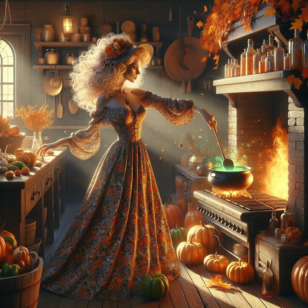 Autumn Kitchen Witch Casting Spell in Low Poly Style