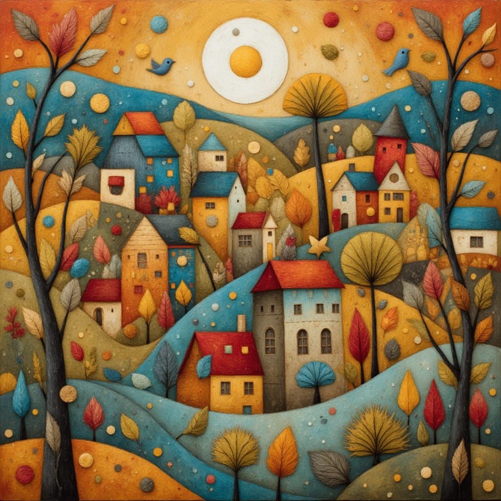 Whimsical Folk Art Village Scene with Warm Gradients