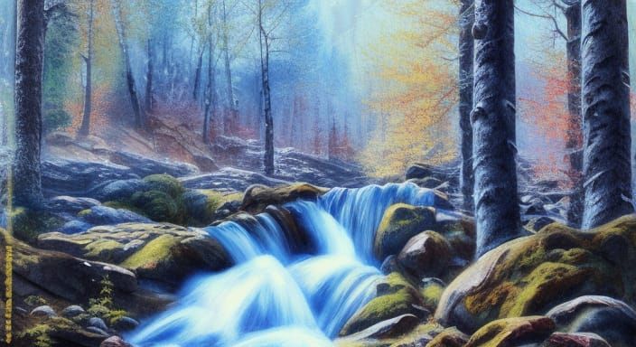 Autumn and Spring Mountain Forest in Impressionist Gouache