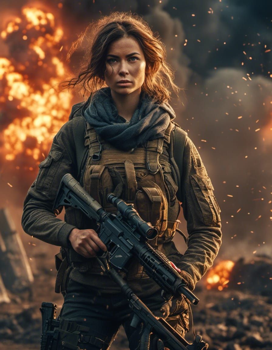 Female Fighter in Comic Style Amidst Explosions