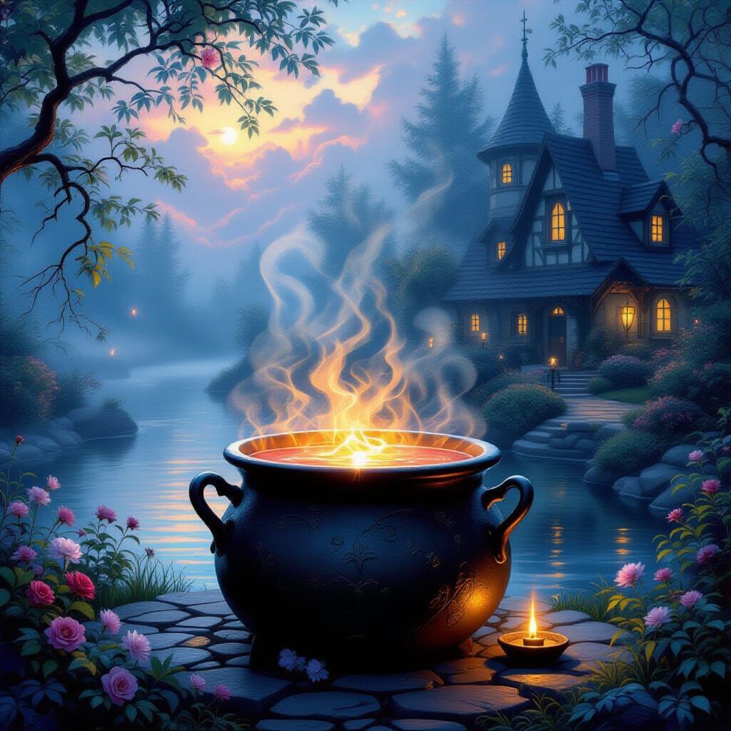 Ethereal Love Potion Steaming in Magical Cauldron