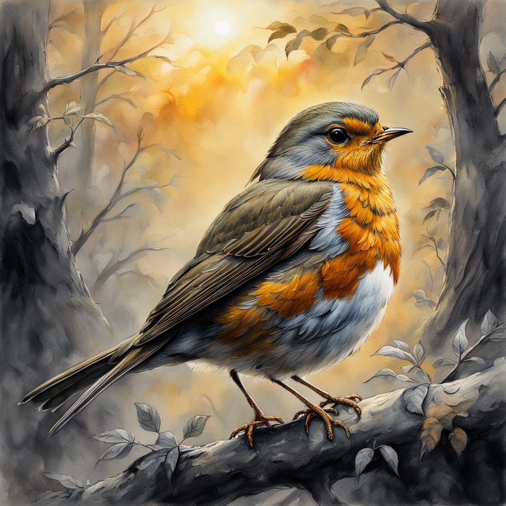 Robin in Mist: Ethereal Gouache and Watercolor