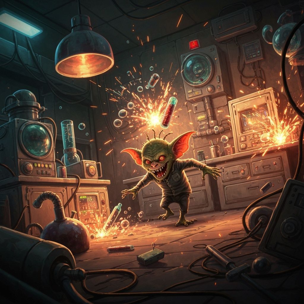 Gremlin Mayhem in a Futuristic Cyberpunk Lab