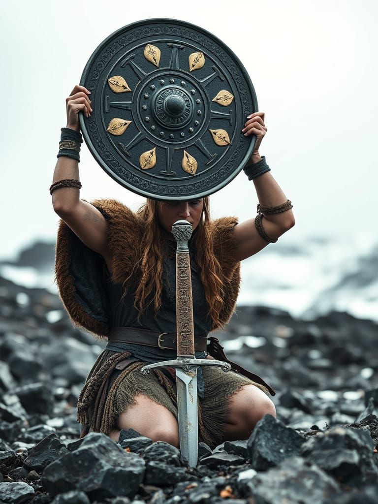 Viking Warrior Defiantly Holds Shield Against Harsh Rocky La...