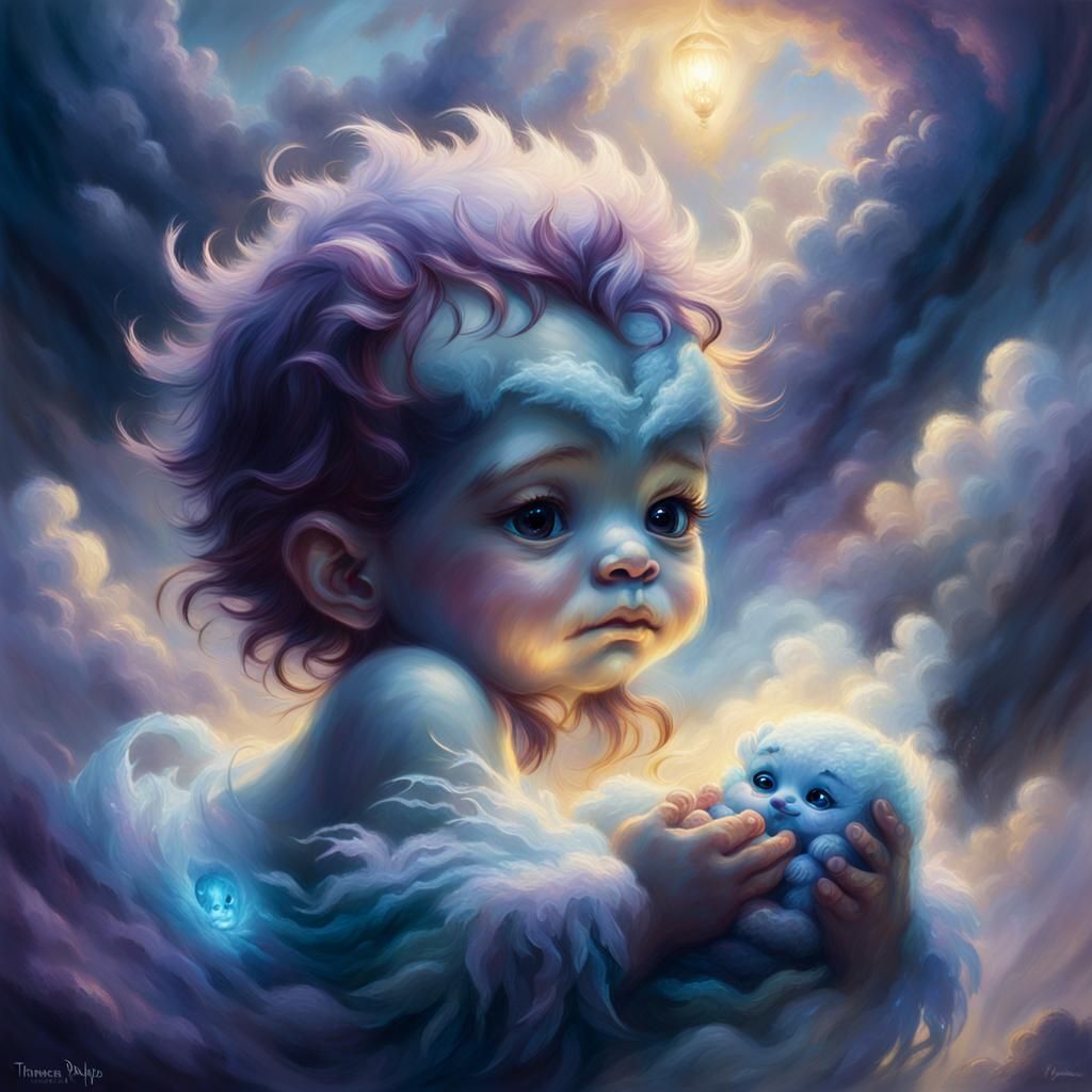 Glowing Monster Baby in Ethereal Clouds