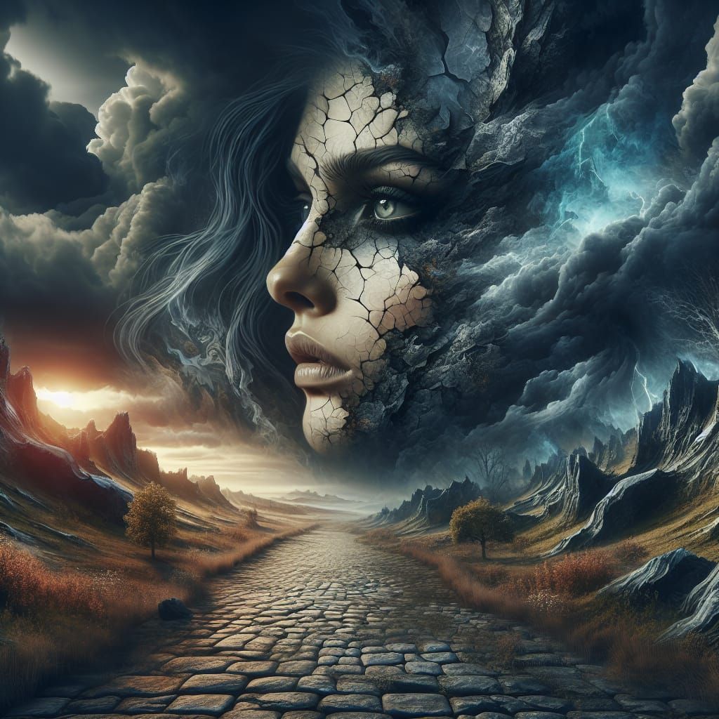 Surrealism, double exposure image of a female face with cracks, cobble stone path, dark clouds