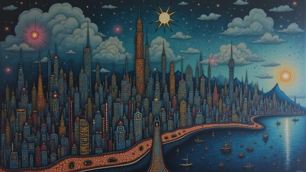 Vibrant City Mural on Shoreline as Mosaic