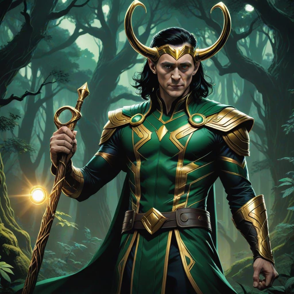 Loki in Mystical Forest with Golden Staff