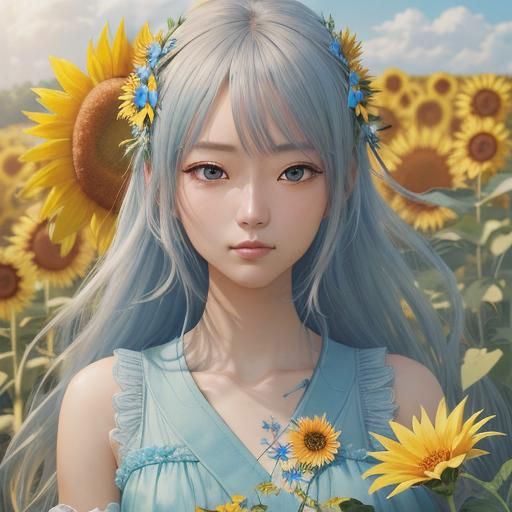 Anime Fairy Surrounded by Sunflowers in Bloom