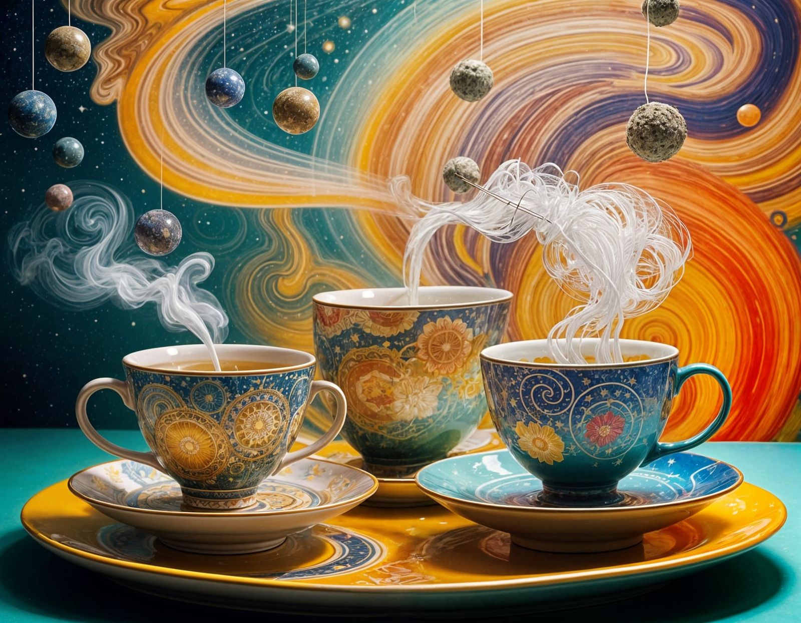 Whimsical Planets' Tea Party in a Cozy Light-Filled Room