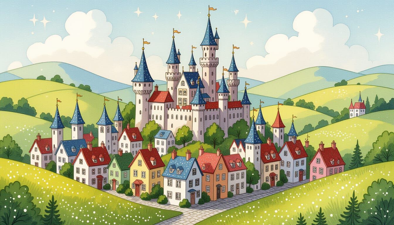 Whimsical Miniature Fantasy City in Watercolor Style