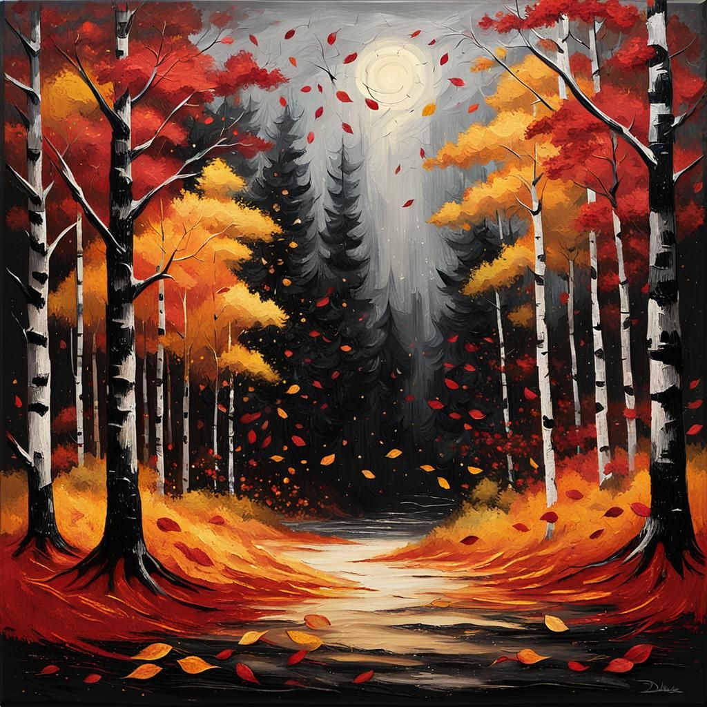 Impressionist Autumn Landscape with Crimson and Ochre Hues