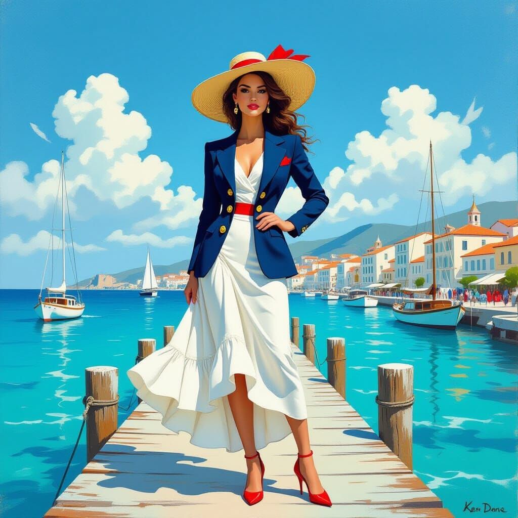 Elegant Woman on Pier in Naive Art Style