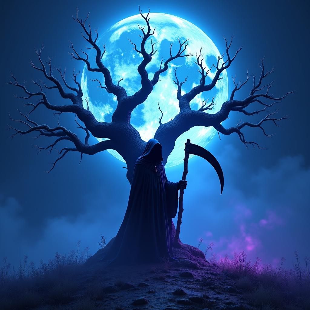 Grim Reaper and Moonlit Tree in Dark Fantasy Style
