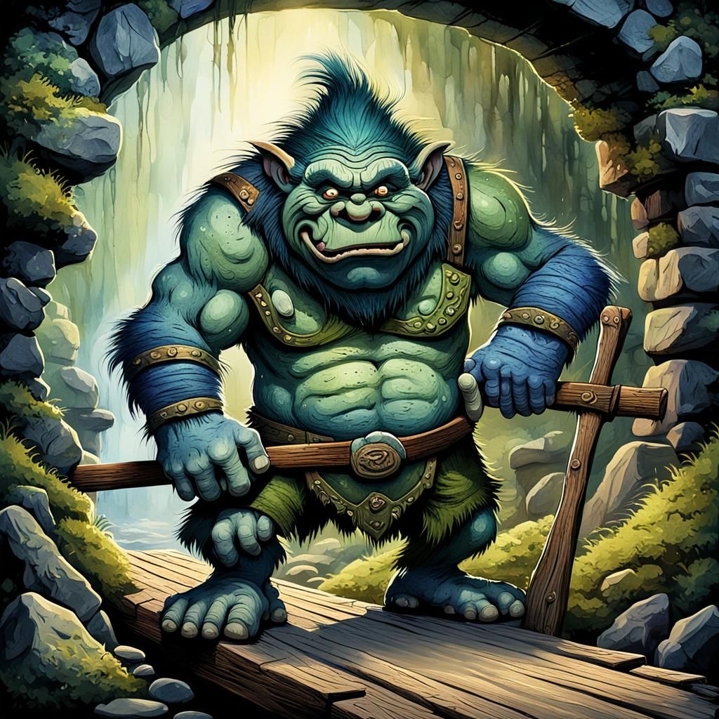 Menacing Troll Under Bridge Cartoon in Watercolor Style