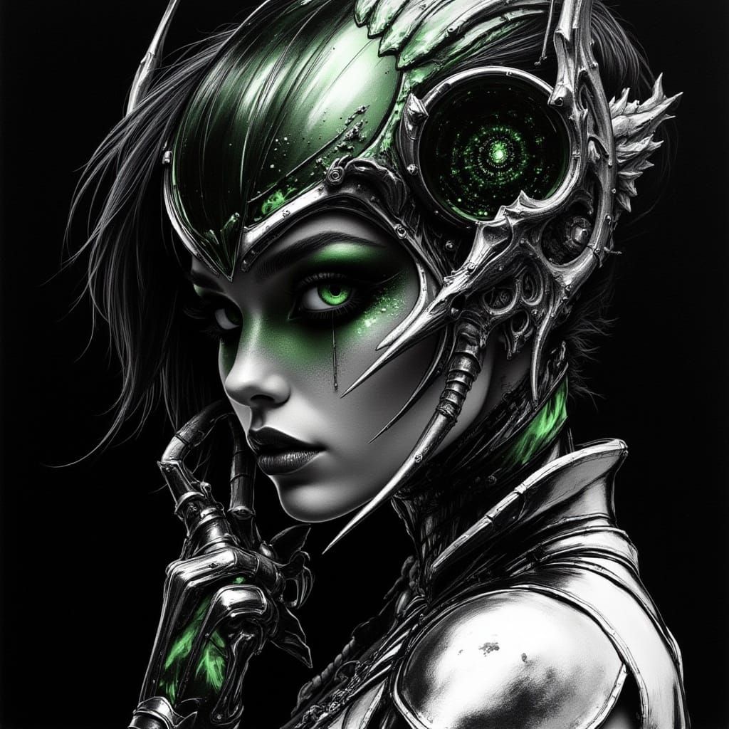 Futuristic Dark Angel with Emerald Eyes in Pencil-and-Ink