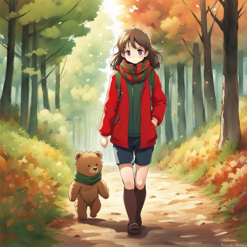 Adorable Girl with Bear in Anime Style Forest