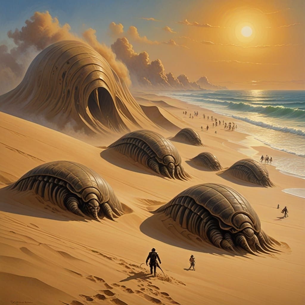 Fremen Riding Trilobite Creatures on Sand Waves