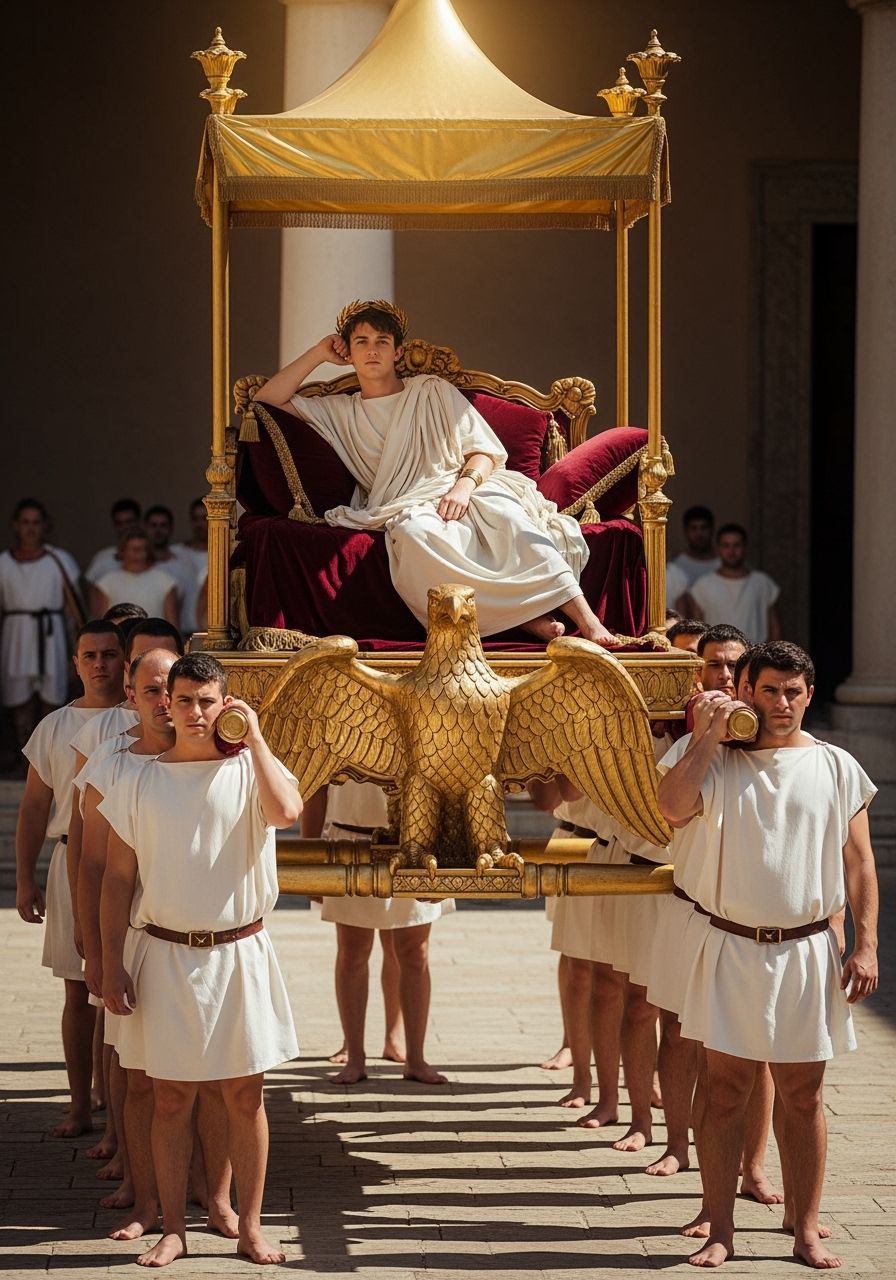 Young Emperor on Eagle Litter in Sunlit Courtyard
