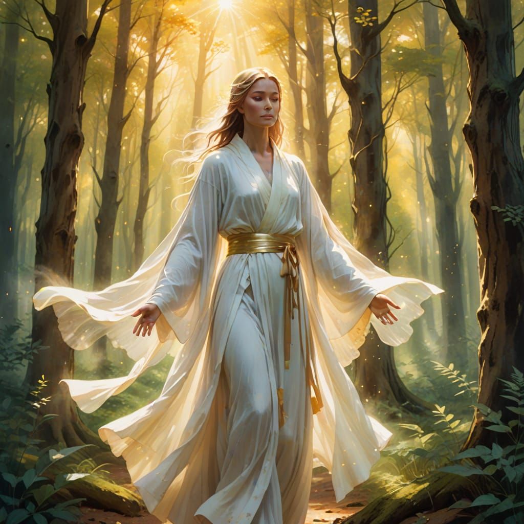 Ethereal Figure Radiating Golden Light in Forest