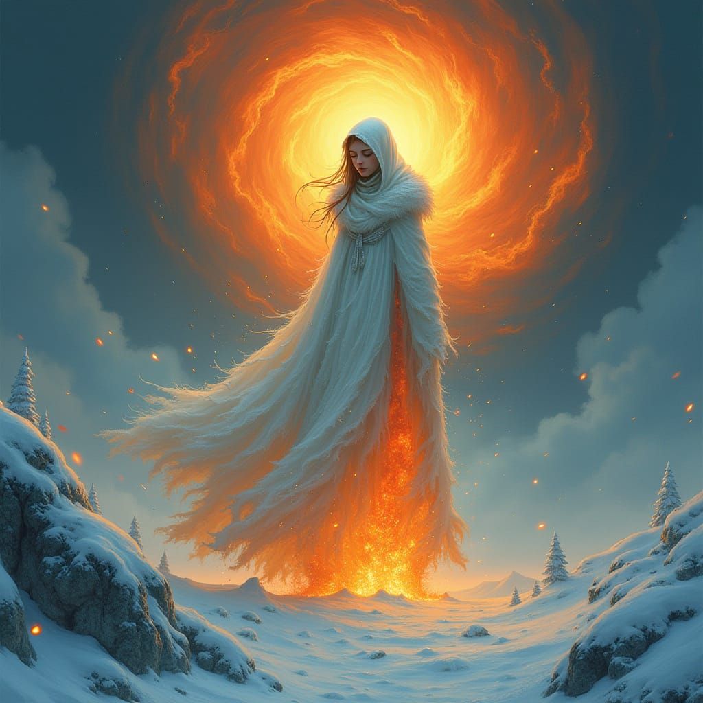 Mystical Frostfire Sorceress in a Swirling Vortex of Icy Fla...