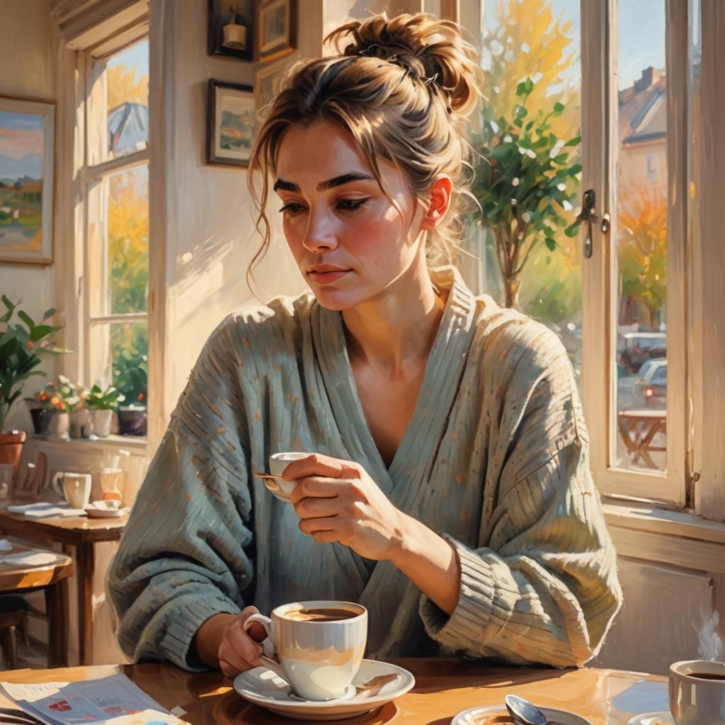Cozy Morning Coffee: Impressionistic Woman in Sunlight