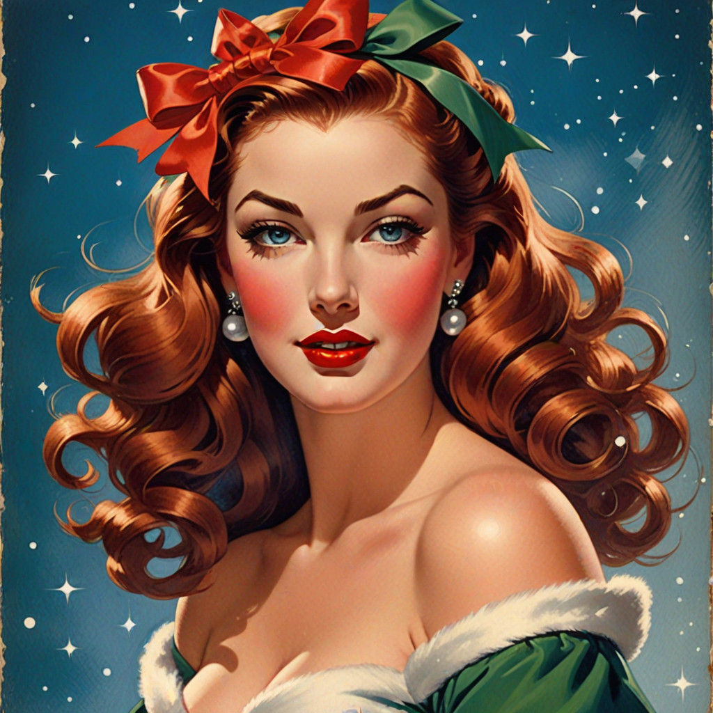 Retro Holiday Pin-Up Girl with Holographic Christmas Backgro...