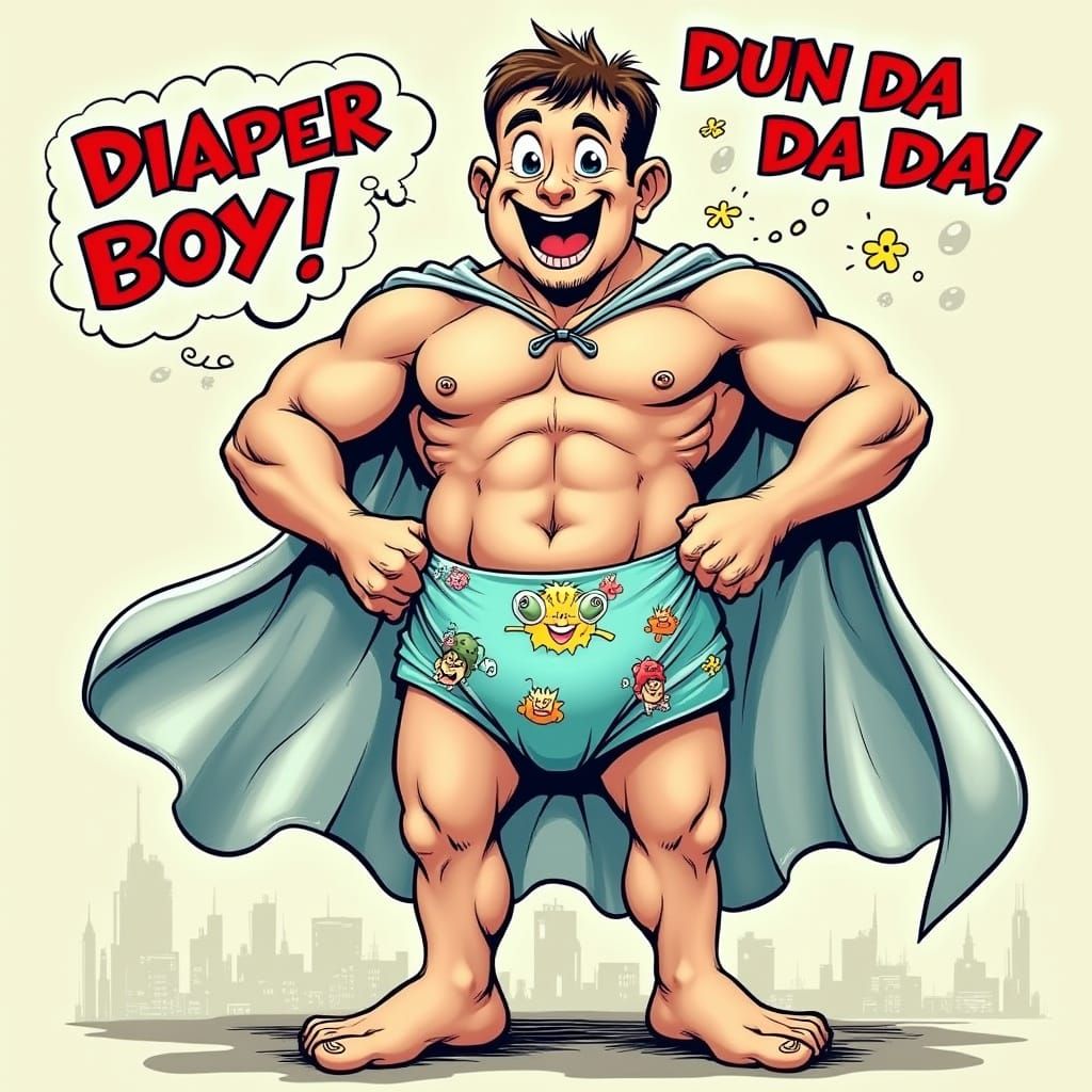 Lovable Diaper Boy Strikes a Heroic Pose in Bright Blue Cape