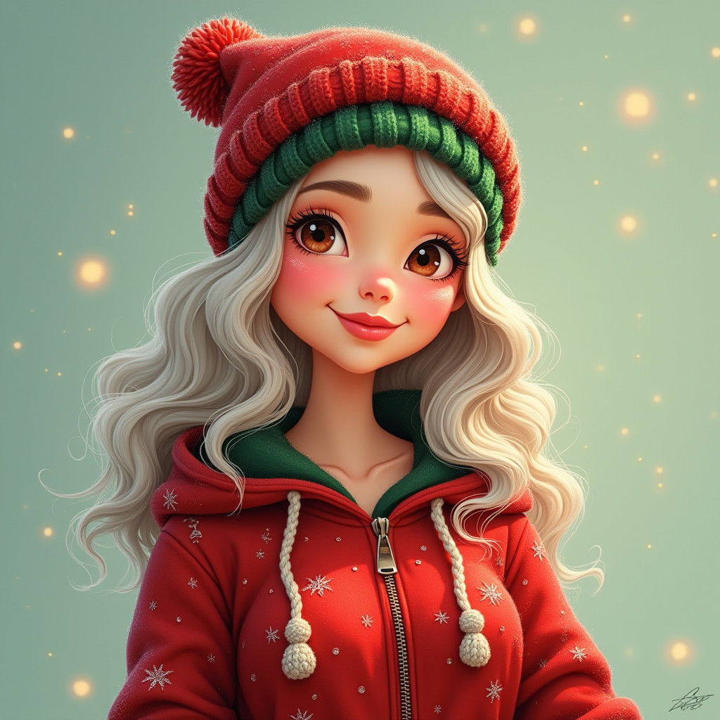 California Christmas Cartoon Girl in 2D Digital Airbrush