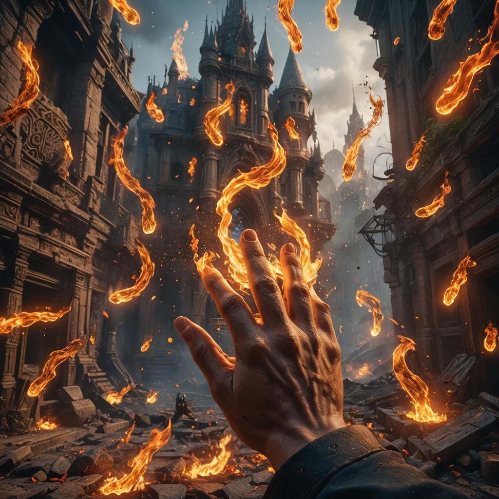 Young Man Conjures Fire: Detailed Matte Painting