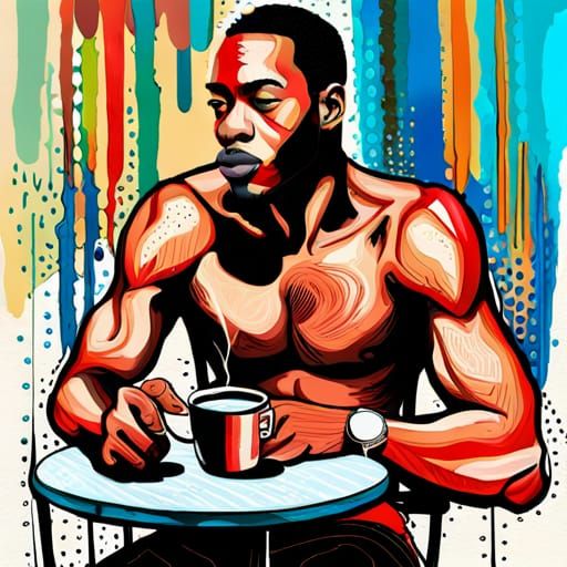 Abstract Collage of Muscled Man in Cafe