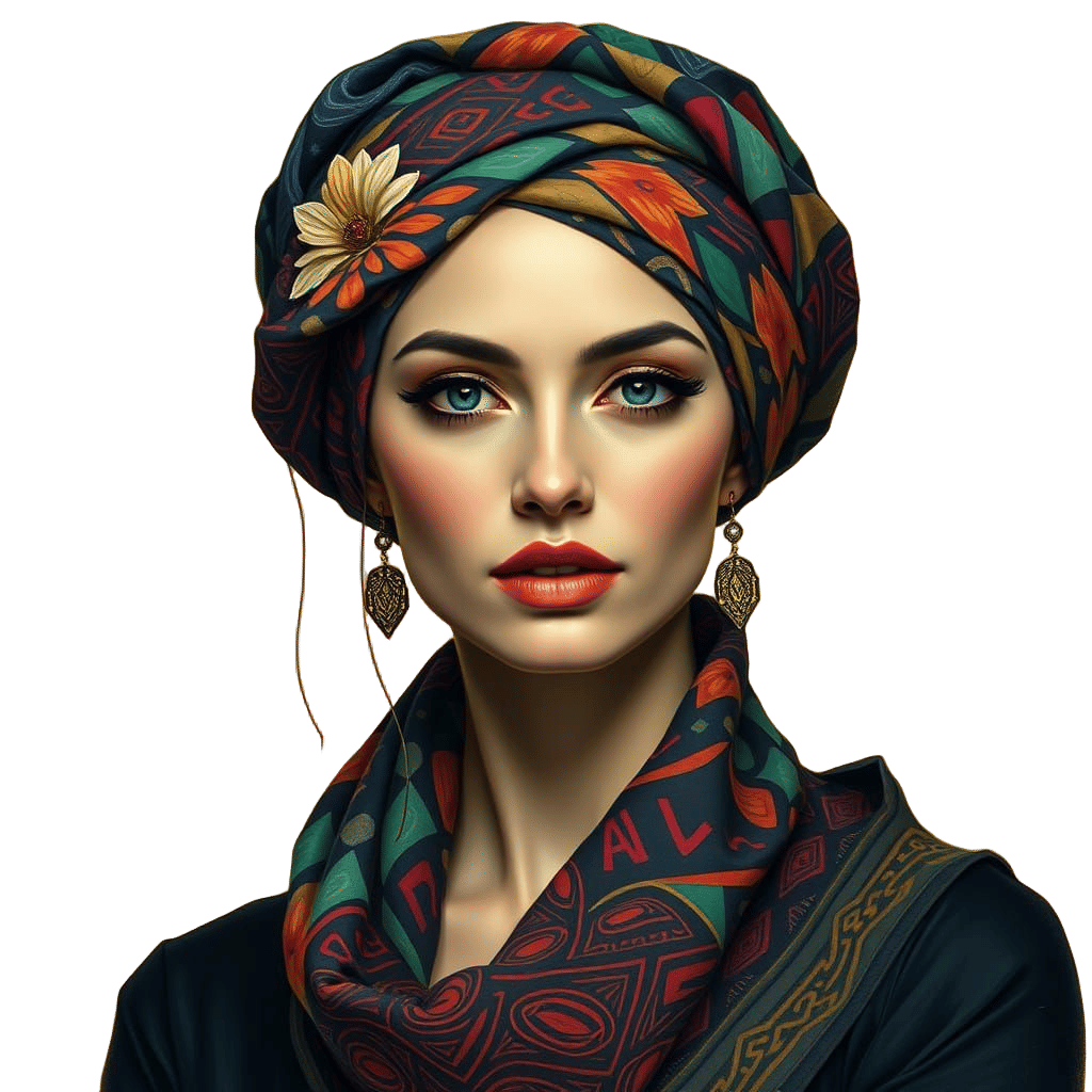Elegant Woman in Vibrant Turban, Golden Background