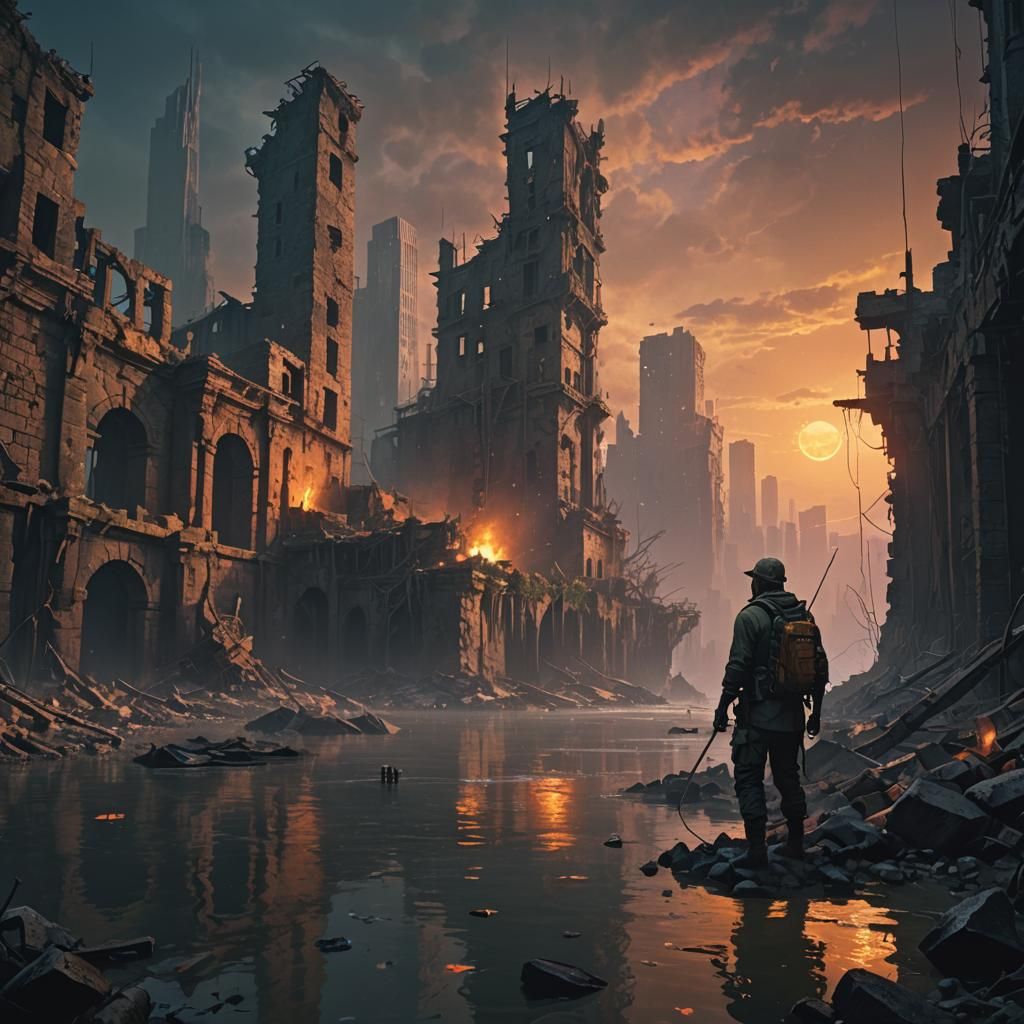 Post-Apocalyptic Fisherman in Ruins: John Martin Style