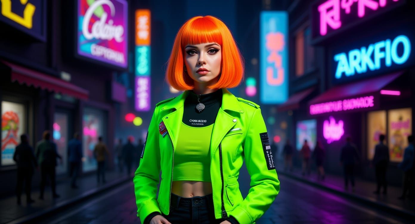 Cyberpunk Woman in Neon Harajuku Fashion