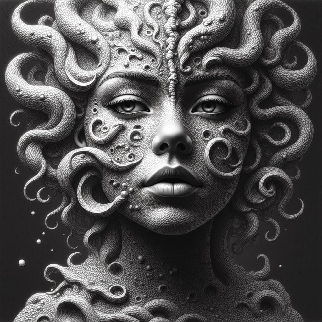Surreal Portrait of Medusa's Daughter in Charcoal Style