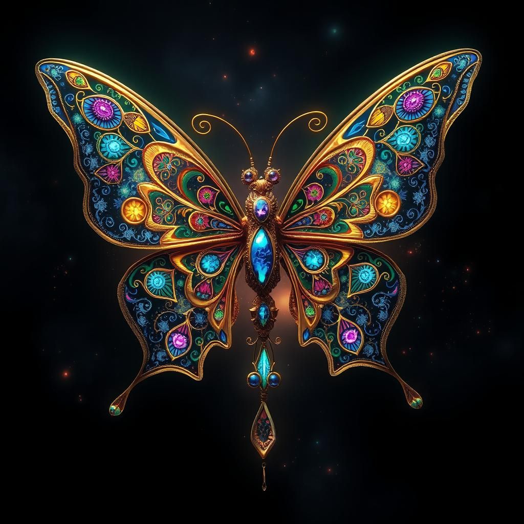Steampunk Butterfly with Cosmic Threads and Folk Art